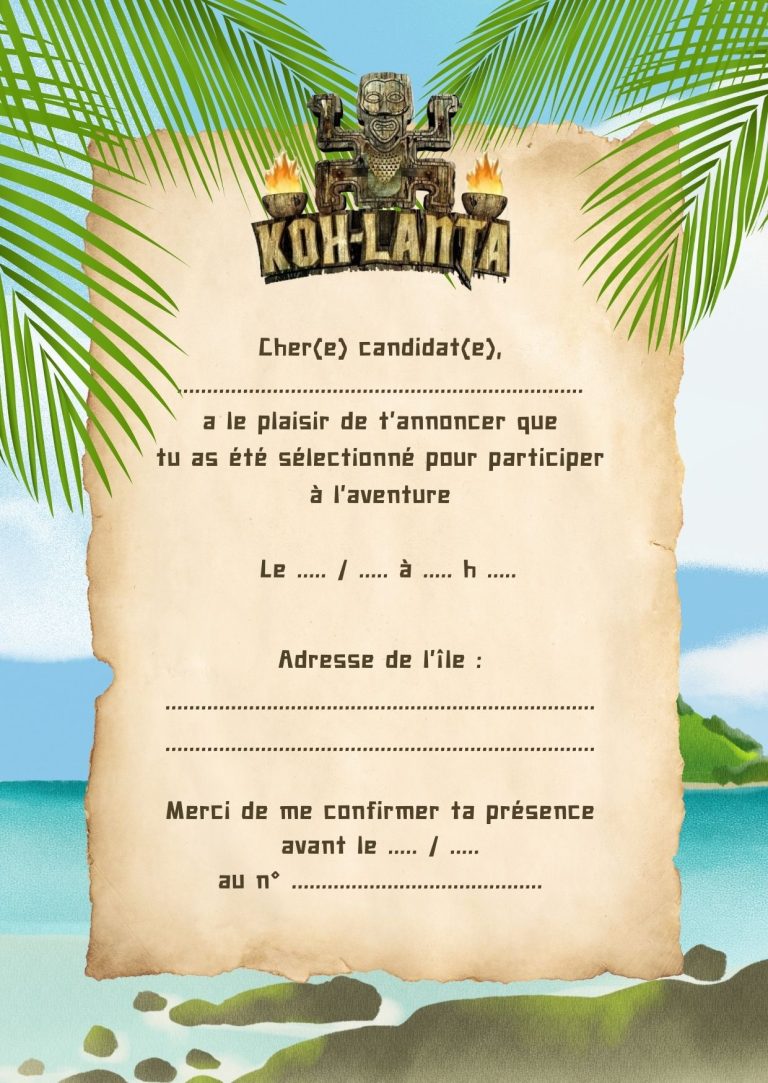 invitation pour anniversaire koh lanta