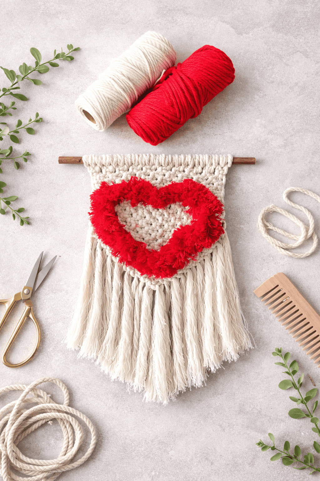 coeur rouge sur suspension écru en macramé